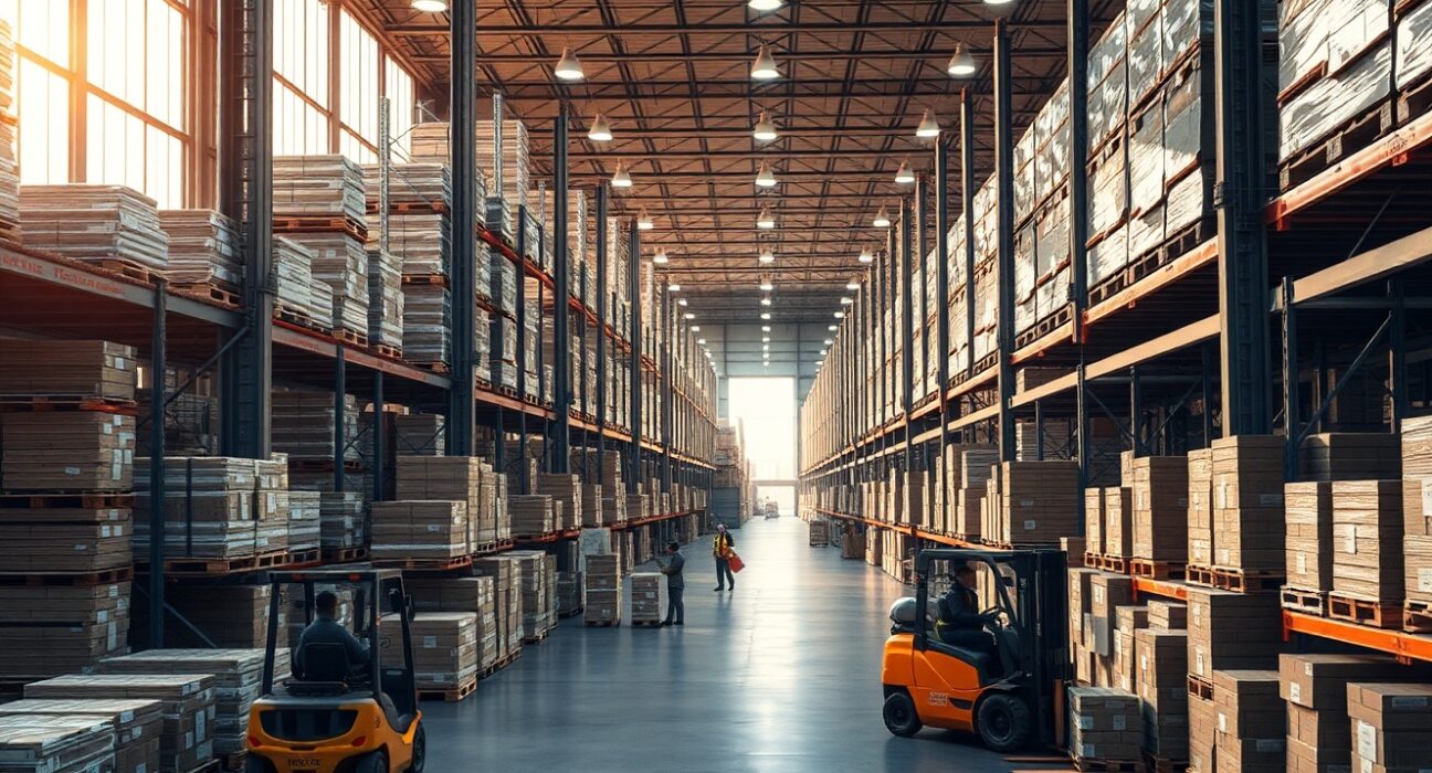 Interior of a large US warehouse with stacked goods and forklifts, representing producer price activity.