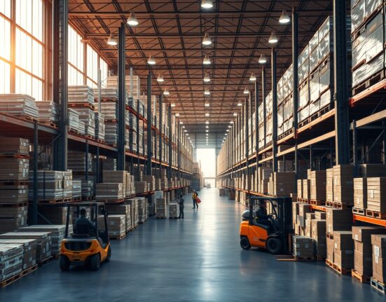 Interior of a large US warehouse with stacked goods and forklifts, representing producer price activity.