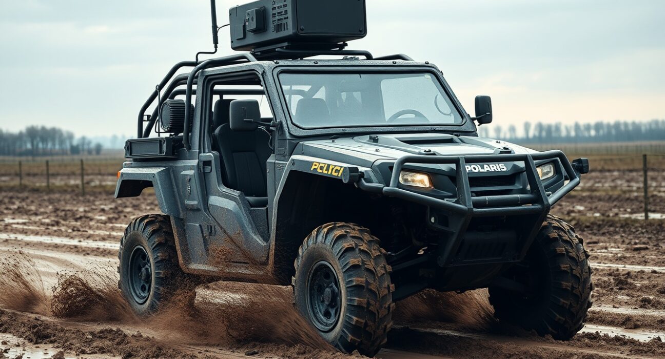 Autonomous Forterra Lancer UGV driving across a muddy battlefield in Ukraine
