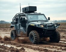 Autonomous Forterra Lancer UGV driving across a muddy battlefield in Ukraine