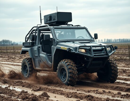 Autonomous Forterra Lancer UGV driving across a muddy battlefield in Ukraine