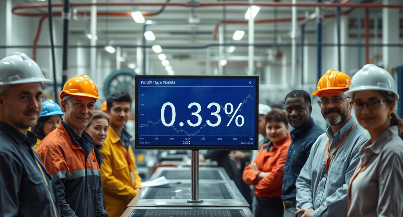 Digital display showing US average hourly earnings data and 0.3% figure in a modern office setting with workers in background