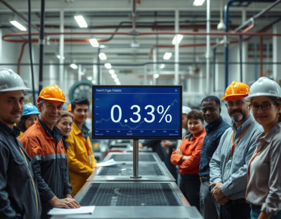 Digital display showing US average hourly earnings data and 0.3% figure in a modern office setting with workers in background