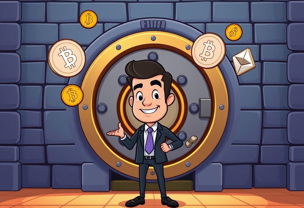 Cartoon illustration of a banker in front of a secure vault, symbolizing US Bank crypto custody services for institutional investors.