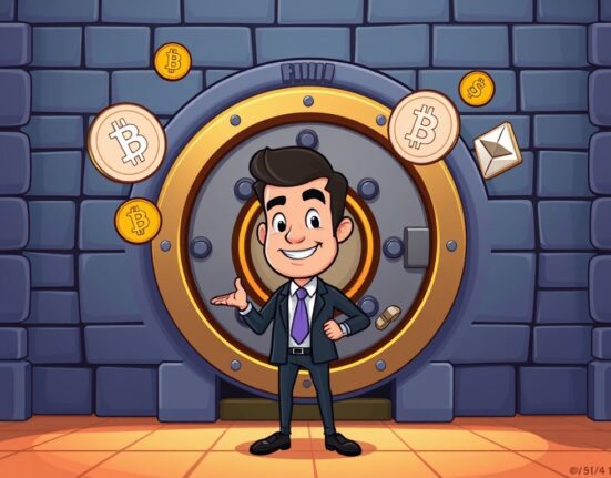 Cartoon illustration of a banker in front of a secure vault, symbolizing US Bank crypto custody services for institutional investors.