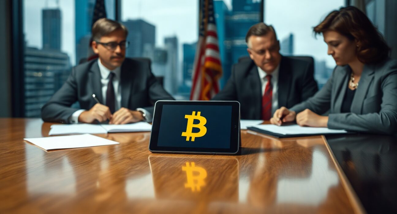 Banking representatives in a boardroom reviewing stablecoin AML policy documents and a digital dollar icon on a tablet.