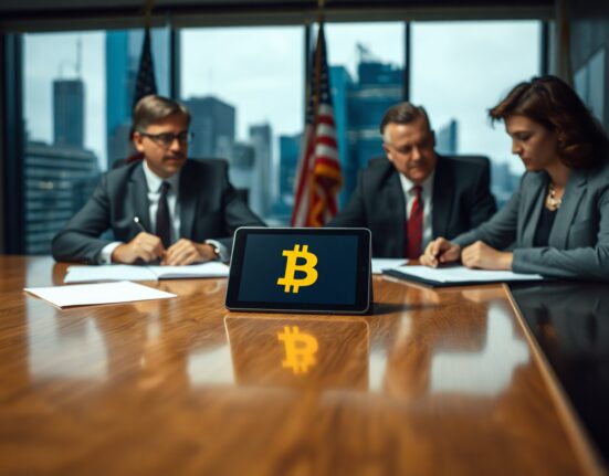 Banking representatives in a boardroom reviewing stablecoin AML policy documents and a digital dollar icon on a tablet.