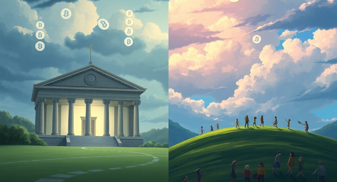 Conceptual art contrasting institutional Bitcoin accumulation with retail investor panic selling in the 2025 market.