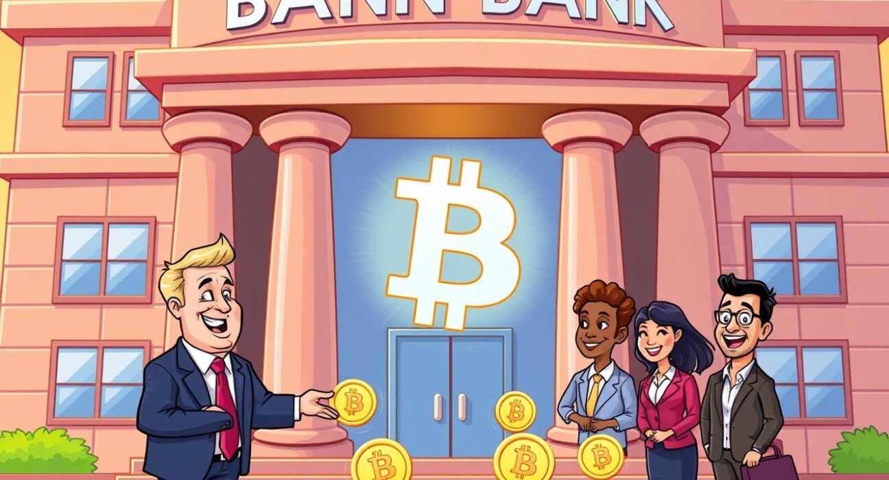 Cartoon illustration showing major US banks integrating Bitcoin products for their customers.