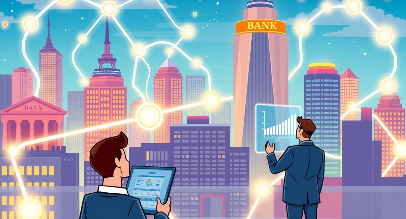 A vibrant cartoon illustrating the transition of traditional banking into a digital on-chain future with blockchain technology.