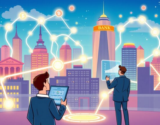 A vibrant cartoon illustrating the transition of traditional banking into a digital on-chain future with blockchain technology.