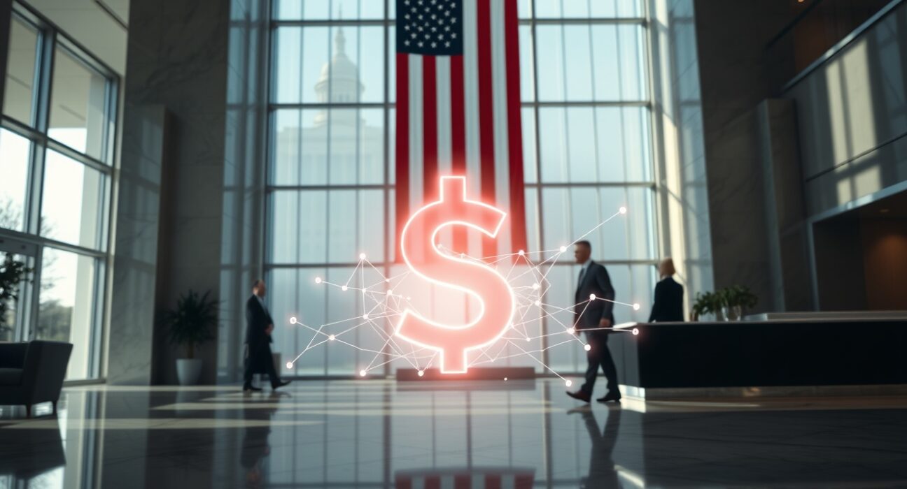 Modern bank lobby with American flag and digital blockchain overlay representing stablecoin regulation debate.