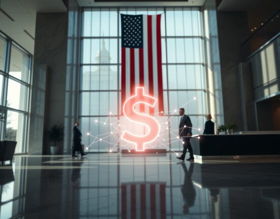 Modern bank lobby with American flag and digital blockchain overlay representing stablecoin regulation debate.