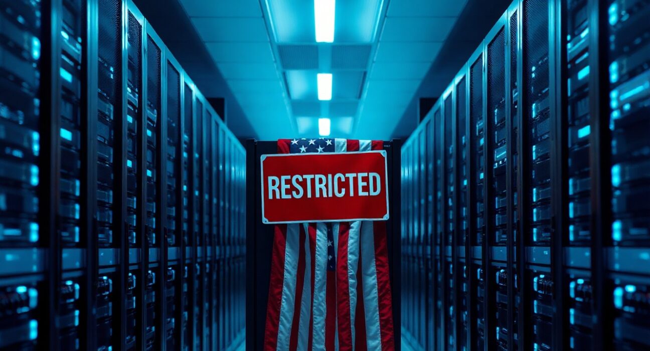 Restricted server rack in a data center with American flag overlay symbolizing government intervention in AI.