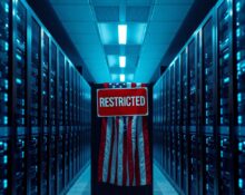 Restricted server rack in a data center with American flag overlay symbolizing government intervention in AI.