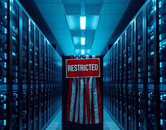Restricted server rack in a data center with American flag overlay symbolizing government intervention in AI.