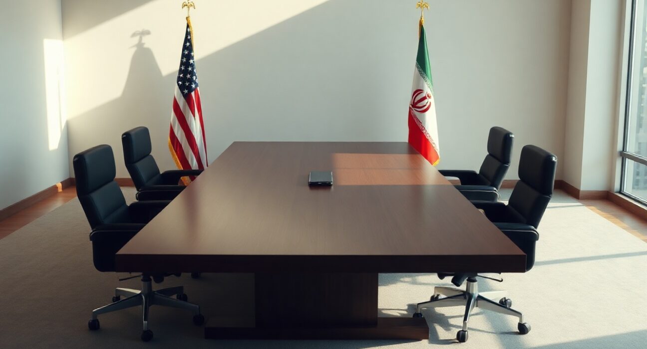 Empty diplomatic meeting room with American and Iranian flags representing nuclear negotiations