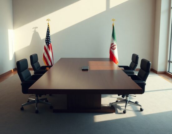 Empty diplomatic meeting room with American and Iranian flags representing nuclear negotiations