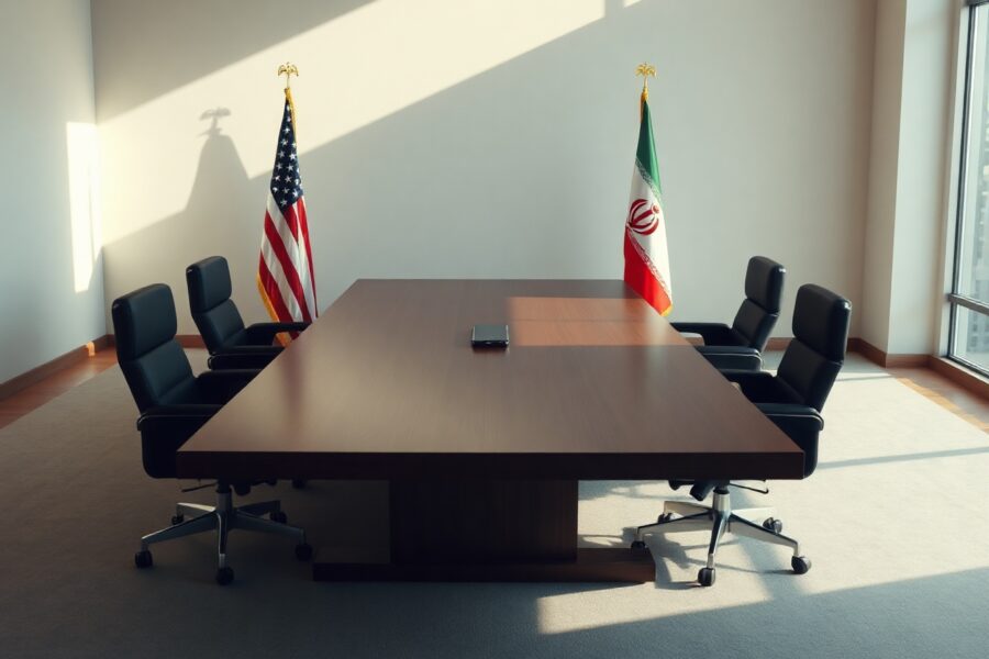 Empty diplomatic meeting room with American and Iranian flags representing nuclear negotiations
