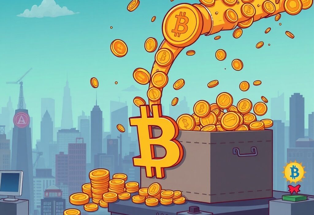A cartoon illustration showing significant capital flowing into US spot Bitcoin ETFs, representing renewed investment interest in the digital asset market.