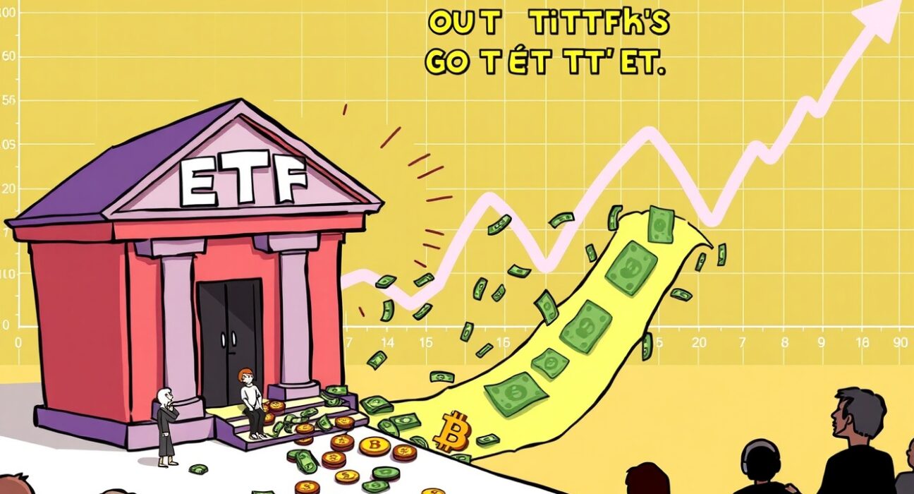 Cartoon illustrating money flowing out of an ETF, symbolizing net outflows from US Bitcoin spot ETFs and investor sentiment.