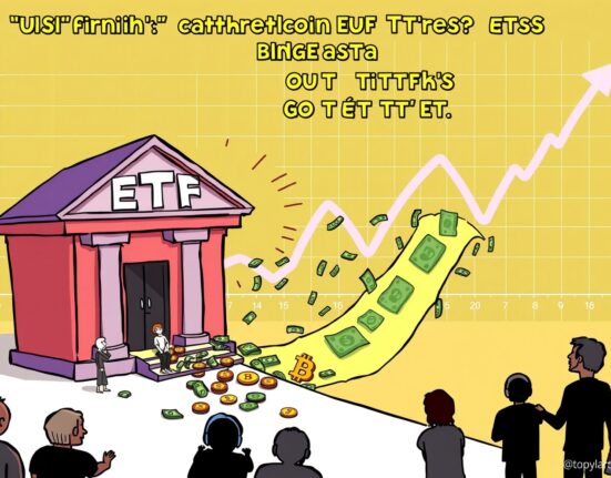 Cartoon illustrating money flowing out of an ETF, symbolizing net outflows from US Bitcoin spot ETFs and investor sentiment.