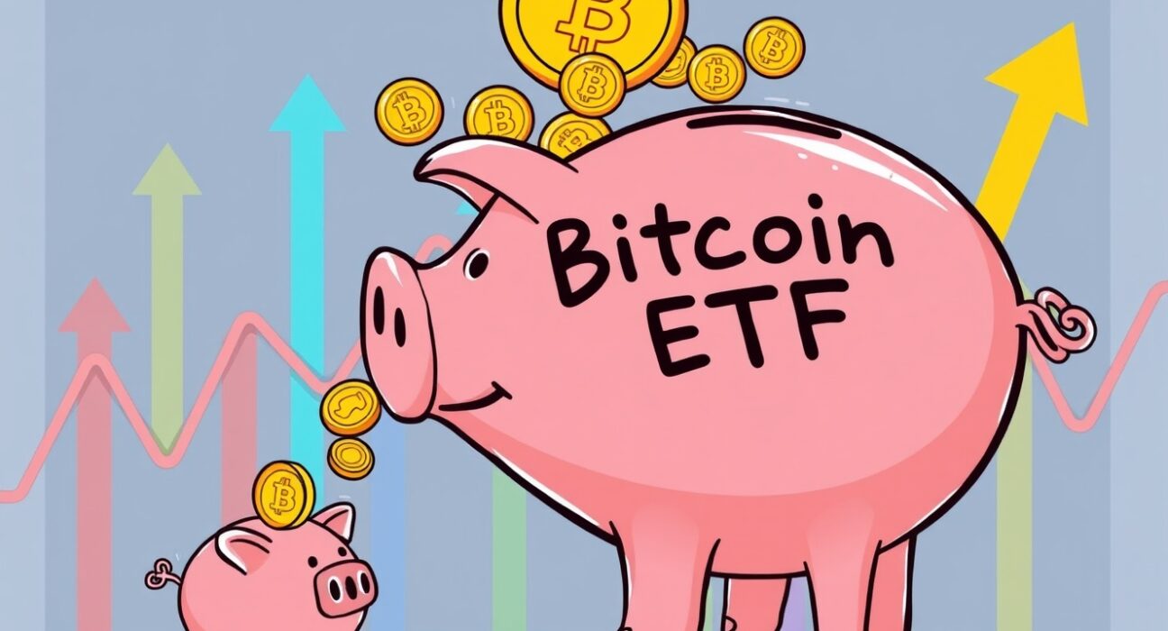 Cartoon illustration of US Bitcoin ETFs experiencing significant capital outflows from a large investment fund.