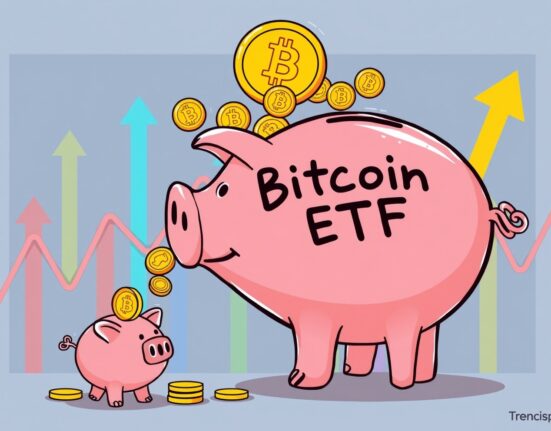 Cartoon illustration of US Bitcoin ETFs experiencing significant capital outflows from a large investment fund.