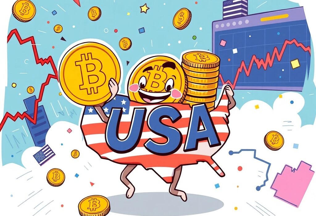 A cartoon illustration depicting the significant US Bitcoin holdings, showing a large portion of the global Bitcoin supply concentrated in the US, with data charts and market dynamics.