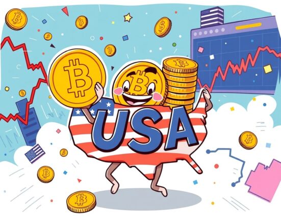 A cartoon illustration depicting the significant US Bitcoin holdings, showing a large portion of the global Bitcoin supply concentrated in the US, with data charts and market dynamics.