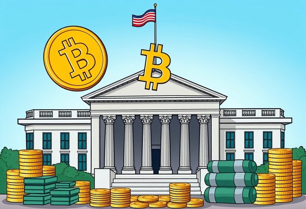 A cartoon illustration showing the US Treasury managing its significant US Bitcoin holdings, representing a strategic approach to seized digital assets.