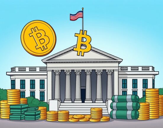 A cartoon illustration showing the US Treasury managing its significant US Bitcoin holdings, representing a strategic approach to seized digital assets.