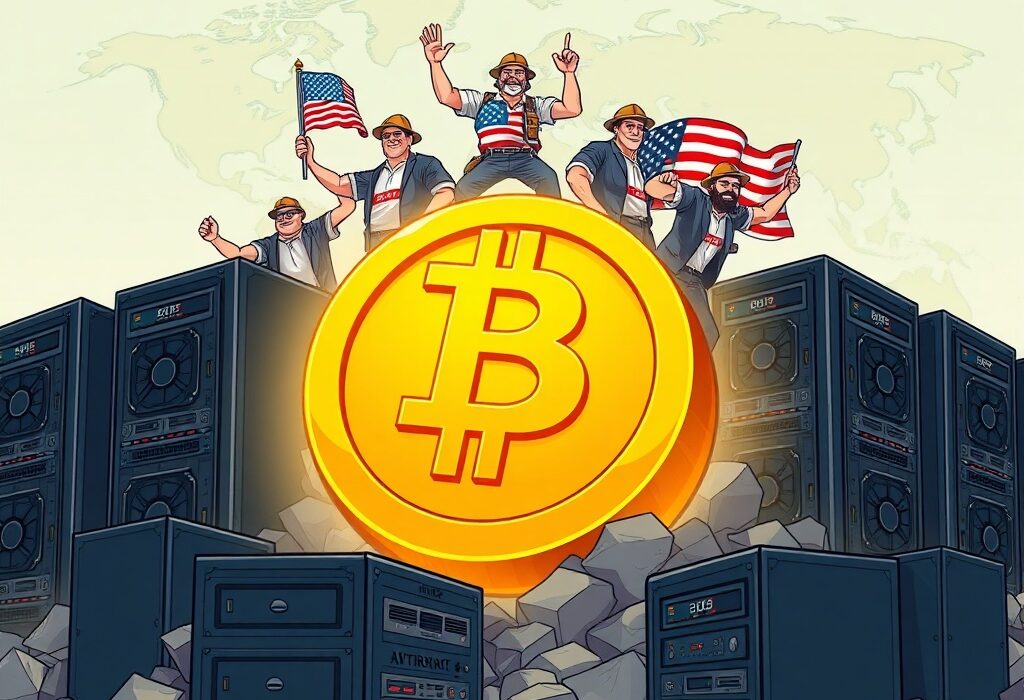 Cartoon showing US Bitcoin miners demonstrating their growing control over the global Bitcoin hashrate.