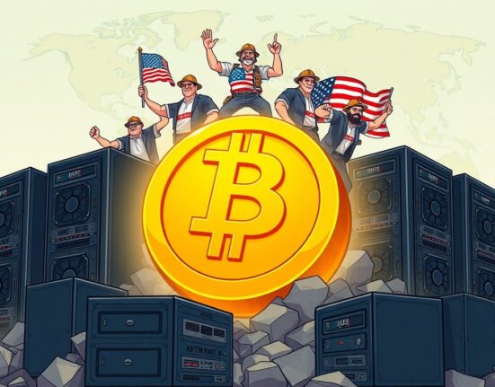 Cartoon showing US Bitcoin miners demonstrating their growing control over the global Bitcoin hashrate.