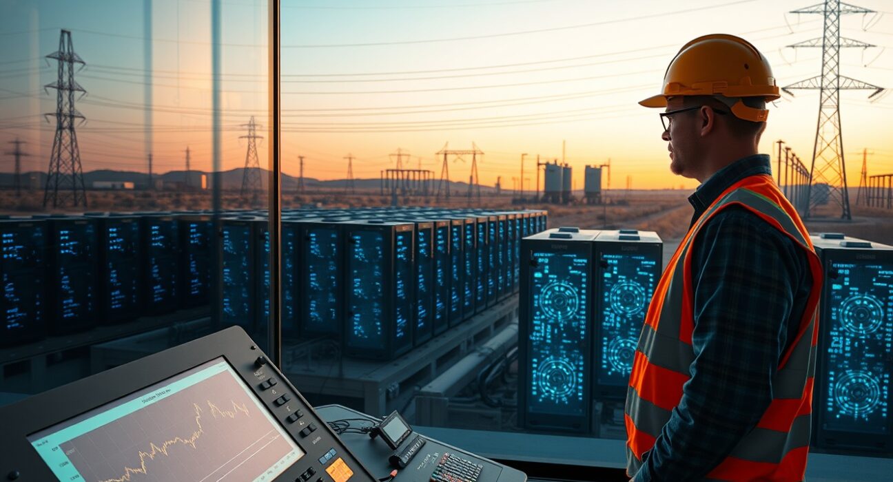 Bitcoin mining facility with utility worker monitoring grid control panel at sunset