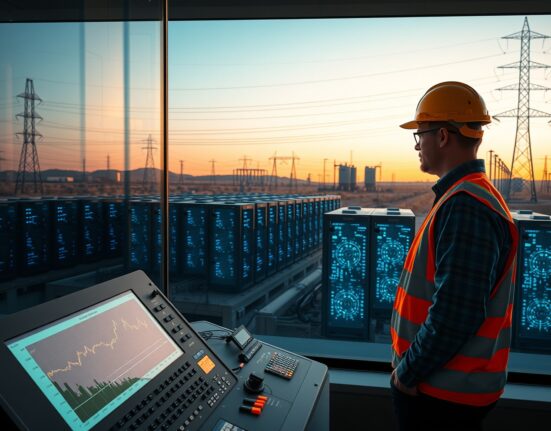 Bitcoin mining facility with utility worker monitoring grid control panel at sunset