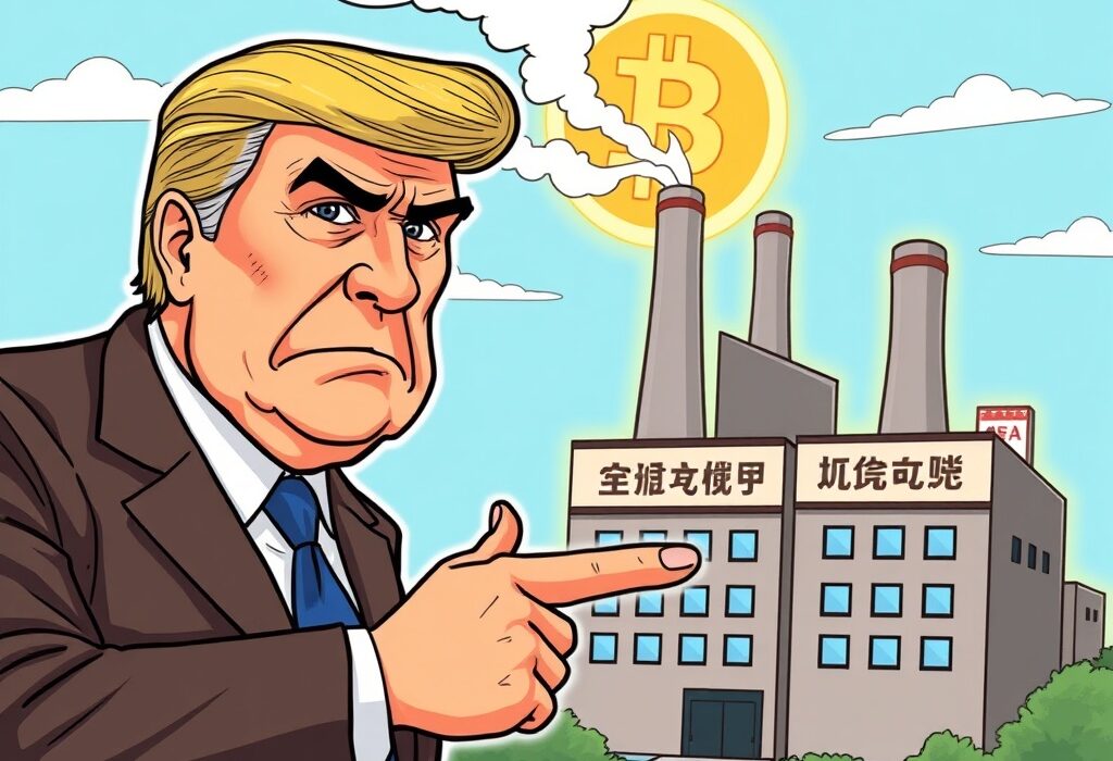 Cartoon showing a US lawmaker expressing concern over foreign Bitcoin mining rig manufacturers' operations in the US, highlighting national security.