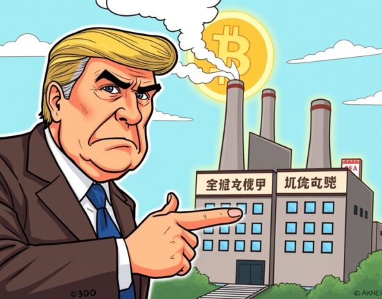 Cartoon showing a US lawmaker expressing concern over foreign Bitcoin mining rig manufacturers' operations in the US, highlighting national security.