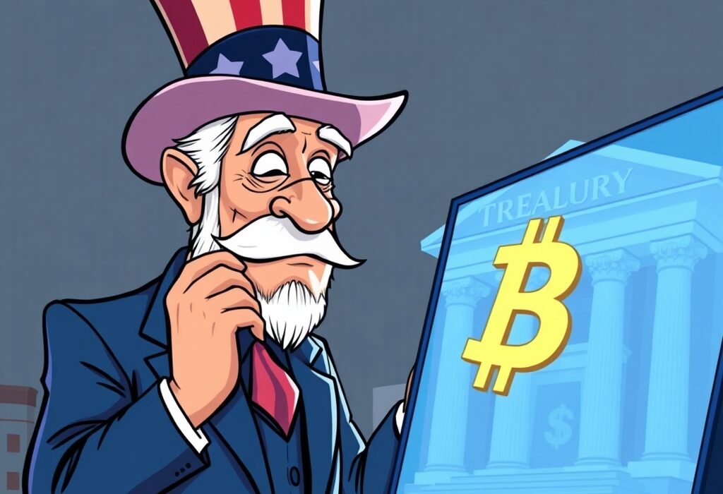 Uncle Sam thoughtfully considering how to boost U.S. Bitcoin reserves, symbolizing government interest in digital assets.