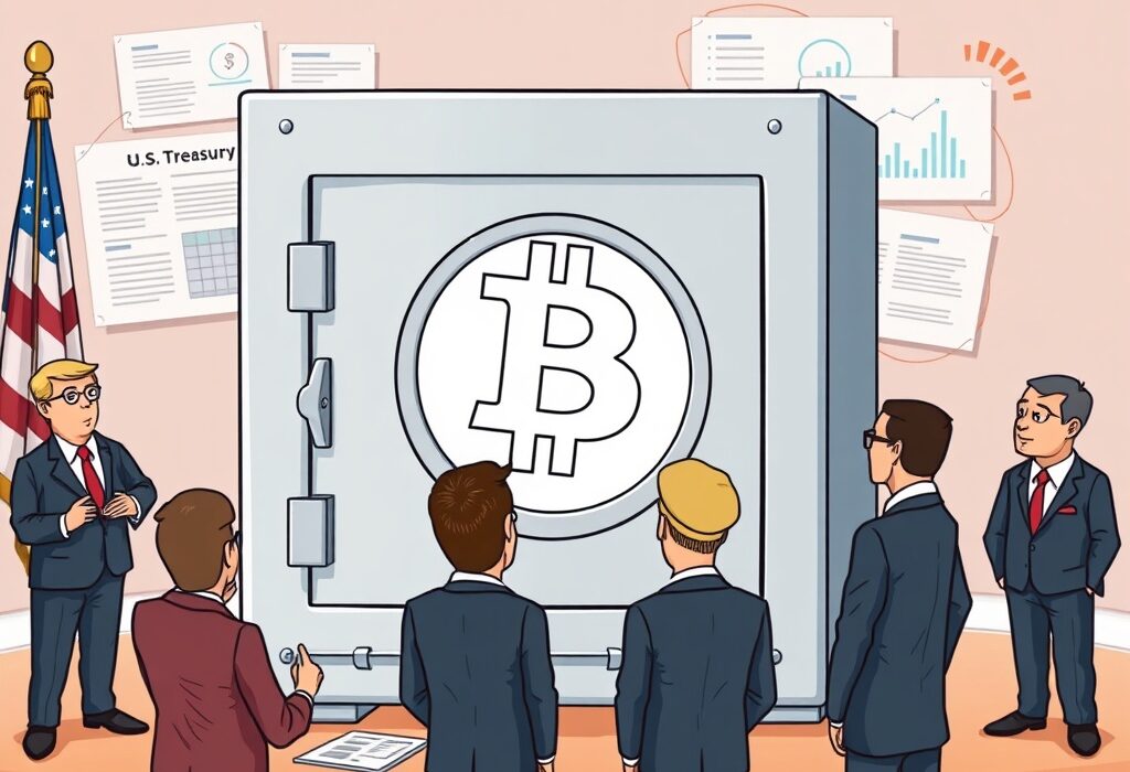 Cartoon illustration of US Treasury officials planning the management of national Bitcoin reserves in a secure vault.