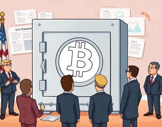 Cartoon illustration of US Treasury officials planning the management of national Bitcoin reserves in a secure vault.