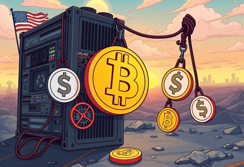A cartoon illustration showing the heavy impact of new tariffs on US Bitcoin mining rigs, symbolizing increased costs and industry challenges.