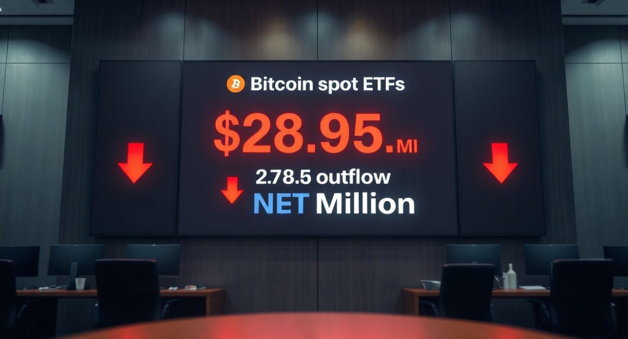 Digital display showing $268.5 million net outflows for Bitcoin spot ETFs on a trading floor