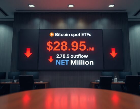 Digital display showing $268.5 million net outflows for Bitcoin spot ETFs on a trading floor
