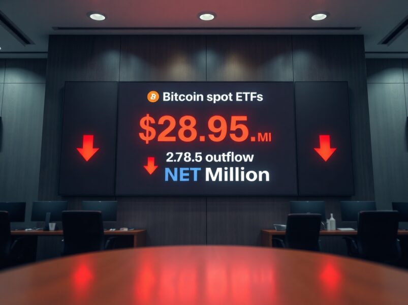 Digital display showing $268.5 million net outflows for Bitcoin spot ETFs on a trading floor