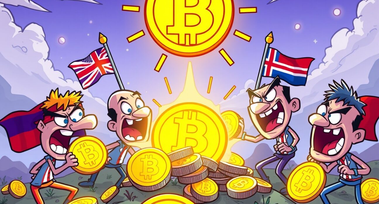 Global competition for Bitcoin stockpile among nations in cartoon financial landscape