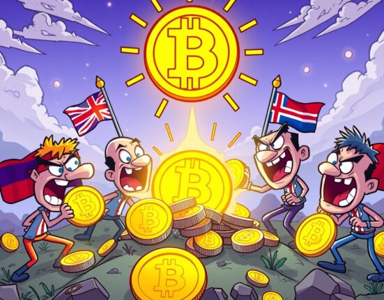 Global competition for Bitcoin stockpile among nations in cartoon financial landscape