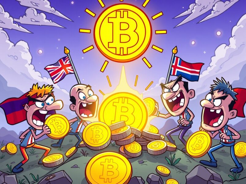 Global competition for Bitcoin stockpile among nations in cartoon financial landscape