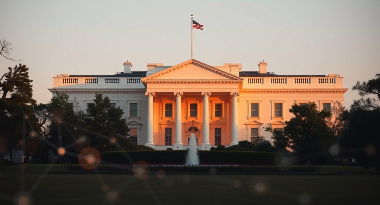 White House building on a clear day with subtle digital financial theme in the foreground