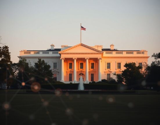 White House building on a clear day with subtle digital financial theme in the foreground